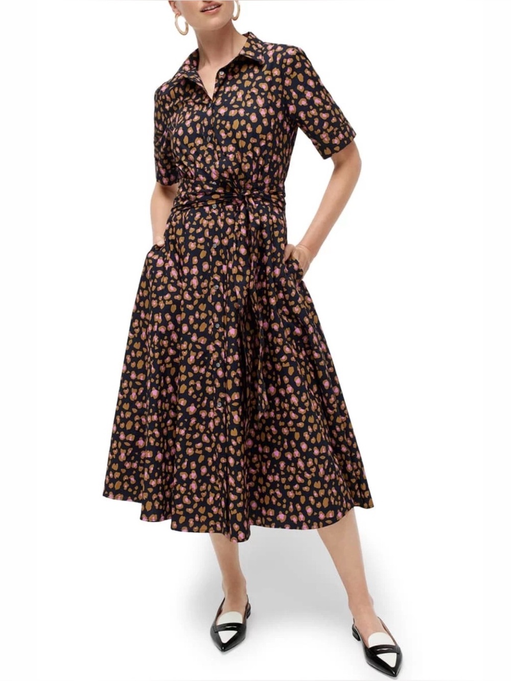 J.Crew Leopard Tie-Waist Short-Sleeve Dress Midi Shirt Dress Sz 12 - Picture 2 of 9